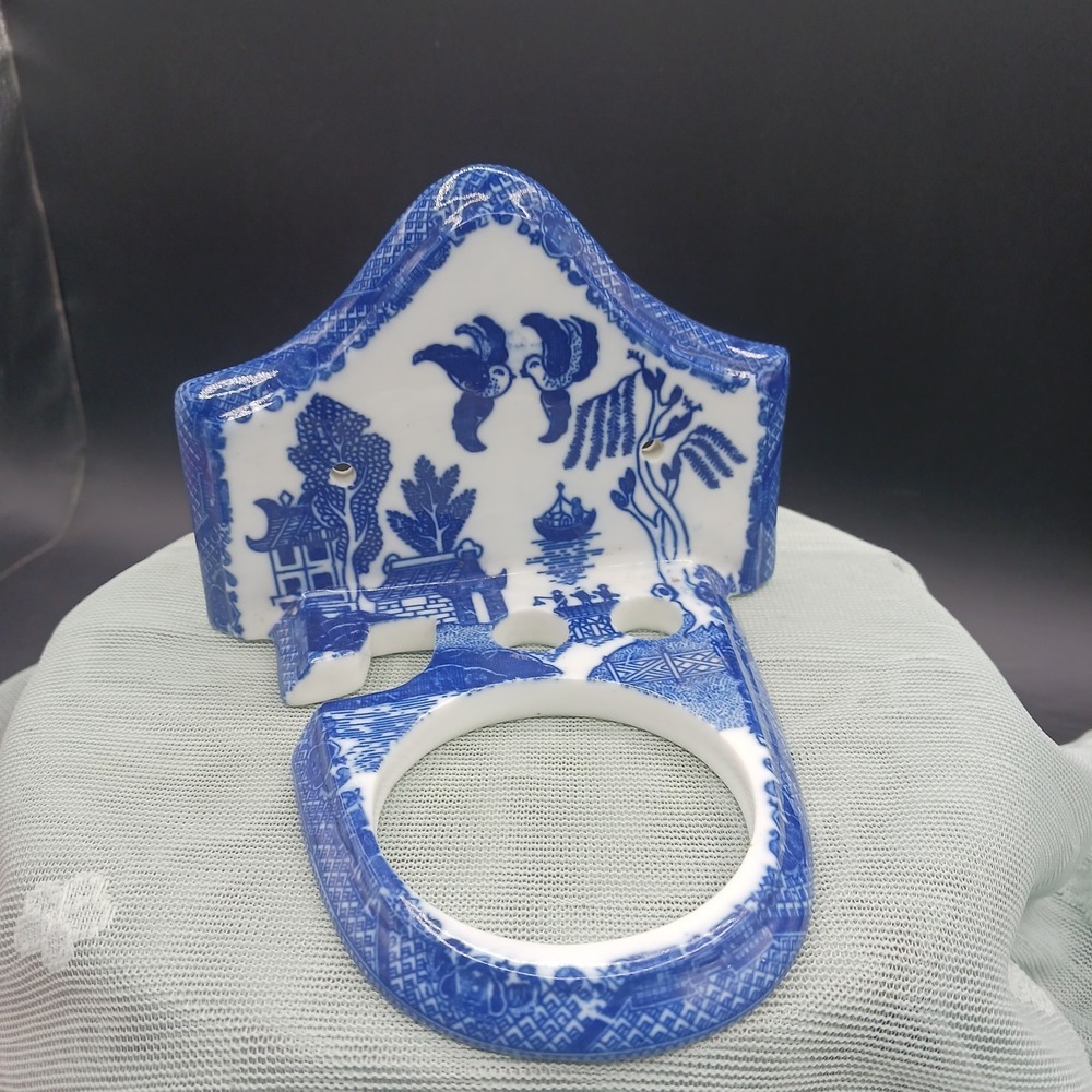 VTG Delft Blue style Toothbrush Cup Holder Wall Mnt Porcelain fishing village